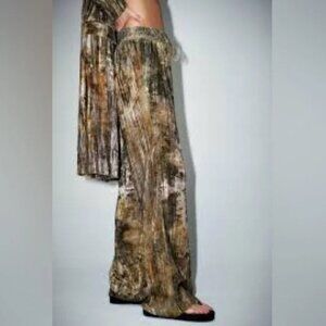 ZARA Crushed Velvet Wide-Leg High Rise Pull-On Pants w/Drawstring S